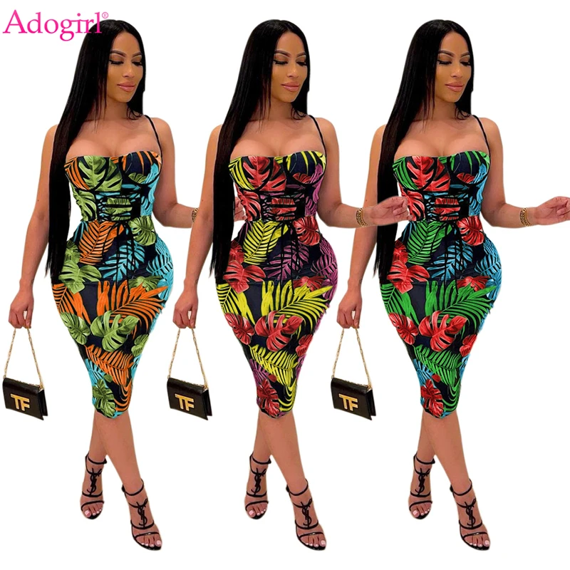 Adogirl Leaf Print Lace Up Spaghetti Straps Summer Dress Women Sexy Strapless High Waist Bodycon Midi Casual Vestidos Streetwear knot banana leaf print cover up dress