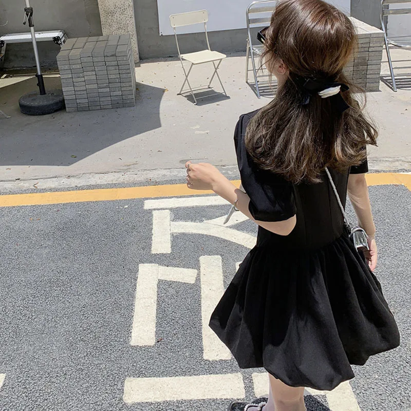 

French Sweet Girly Preppy Style Women Dress Summer Elegant Suit Collar High Waist A-Line Dress Cute Kawaii Office Ladies Dress