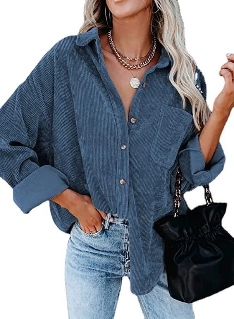 

Fashion Women Blouse New Fall Casual Hot Sale Lapel Single Breasted Pure Color Corduroy Loose Pocket Knitted Blouse Donsignet