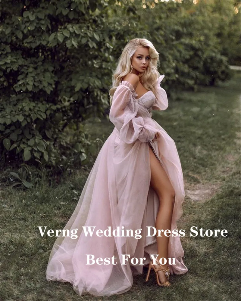 Verngo Dusty Pink Tulle A Line Sweetheart Wedding Dress With Detachable Puff Long Sleeves Garden Country 2021 Bridal Gowns images - 6