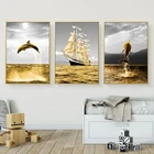 Комплект из 3 предметов золотые океана Дельфин парусник Картины домашний декор холст картины стены искусства с модульная рамка плаката Гостиная