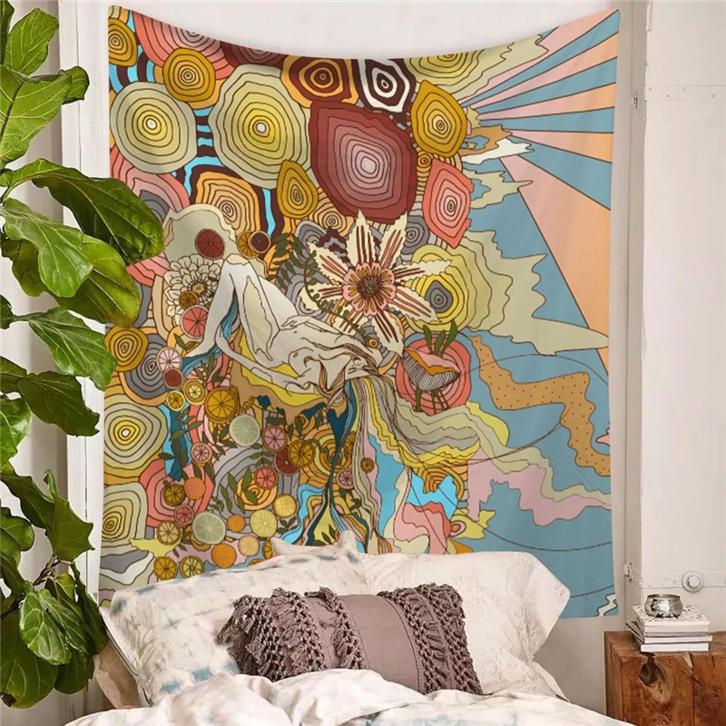 

Garden Girl and Skull Psychedelic Tapestry Wall Hanging Home Decor Background Painting 3D Art Colorful Beach Picnic Blanket