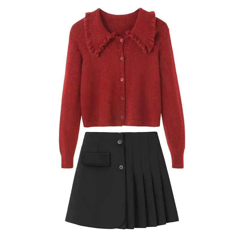 

High Waist Pleated Skirt 202020 New Suit Women 's Autumn Two - Piece Suit Western Style Young Adult Lady like Woman Top Sweater