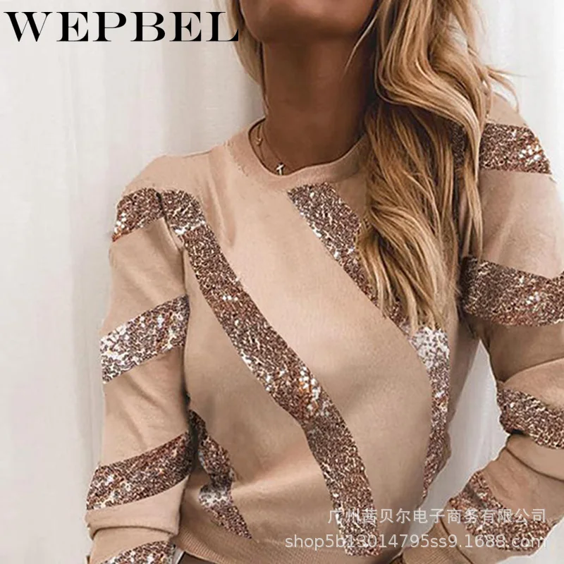 

WEPBEL Women Casual Loose Autumn Winter Sequins Stripe Patchwork Pullover Shirt Top Ladies Elegant Long Sleeve O Neck T-shirt