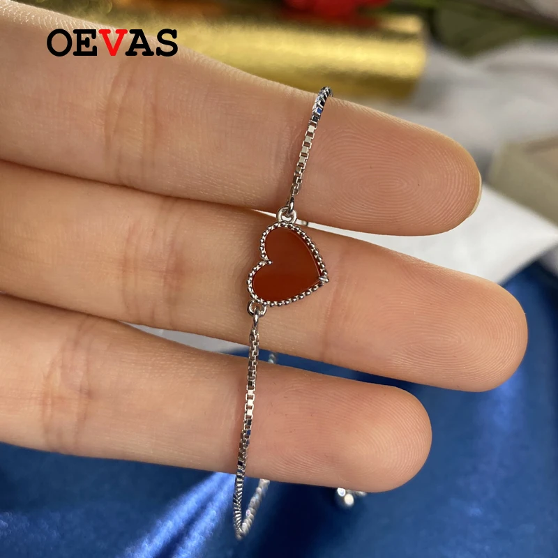 

OEVAS 100% 925 Sterling Silver Bracelet For Women Simple And Elegnat Red Heart Bangle Anniversary Gift Girls Party Fine Jewelry