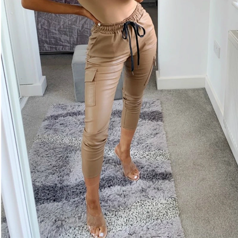 

Musuos Ladies Fashion Street Style Long Trousers Drawstring Elastic High Waist PU Leather Pants Women Solid Casual Pencil Pants