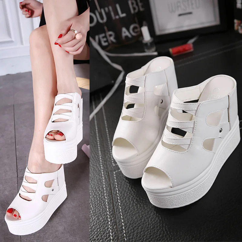 

Summer New Hollow Slope With Simple Pure Color Ladies Slippers Elegant Fish Mouth Shoelace Waterproof Platform.