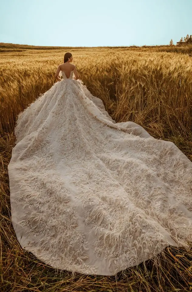 Luxury Evening Gowns Trends Beadings Feather Sweet A-line Applique Prom Formal Dress With Chapel Train Robe De Soiree