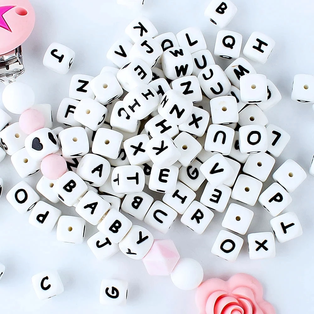 

26/50/100/200/500PCS Letter Silicone Beads 12mm Baby Teether Beads Chewing Alphabet Bead For Personalized Name DIY Teething
