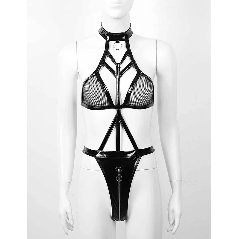 Женское кожаное боди с открытой промежностью и молнией | Тематическая одежда