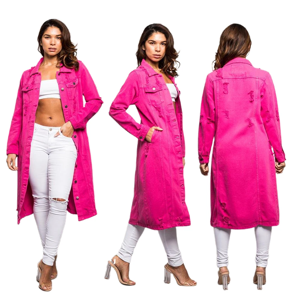 

Women's Denim Long Trench Coat Ripped Destroyed Jacket