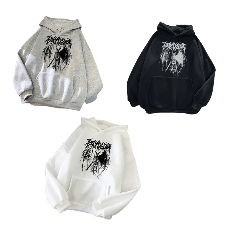 

Женские худи с длинным рукавом, готические толстовки в стиле панк, в стиле Харадзюку, с изображением скелета демона, крыла, букв, графический...