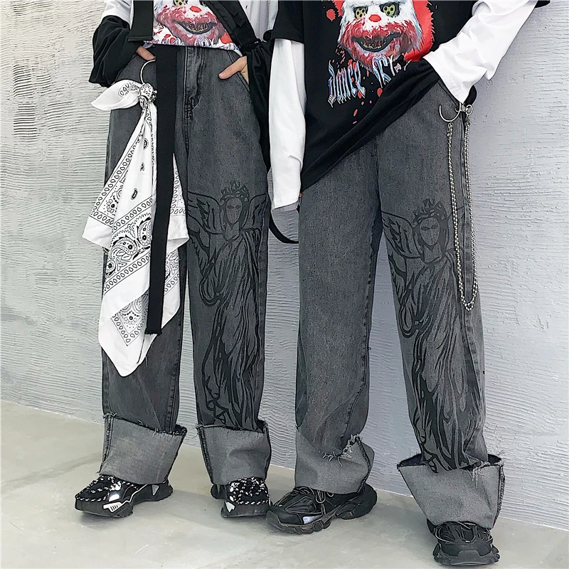 New Jeans for Women Vintage Grey Jeans Loose High Waist Trousers Cotton Harajuku Cartoon Jeans Casual Print Denim Trousers#8520