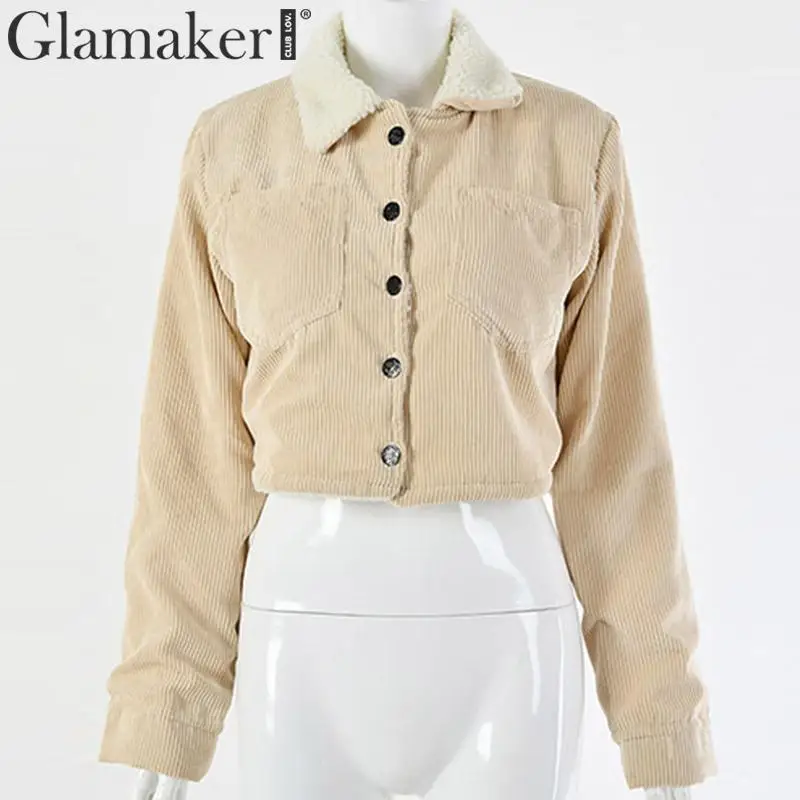 Glamaker вельвет отложной воротник Сексуальная короткая куртка длинный рукав карманы теплая Женская куртка осенне-зимняя уличная мода Женская куртка