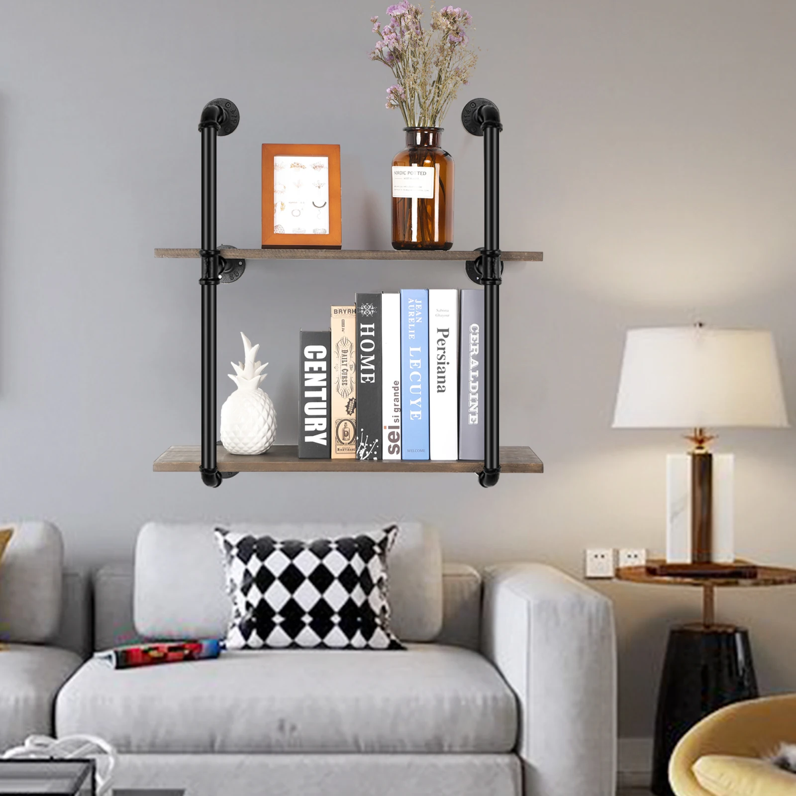 

Floating Shelves Wall Mounted 24in Industrial Rustic Metal Floating Wood Shelves Bathroom Unit Bookshelf Hanging Wall