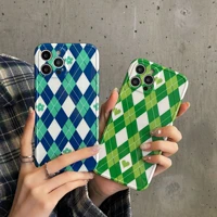 retro green geometry plaid line art phone case for iphone 13 12 11 pro max xs ma xr 7 8 plus x lens protection case cute cover