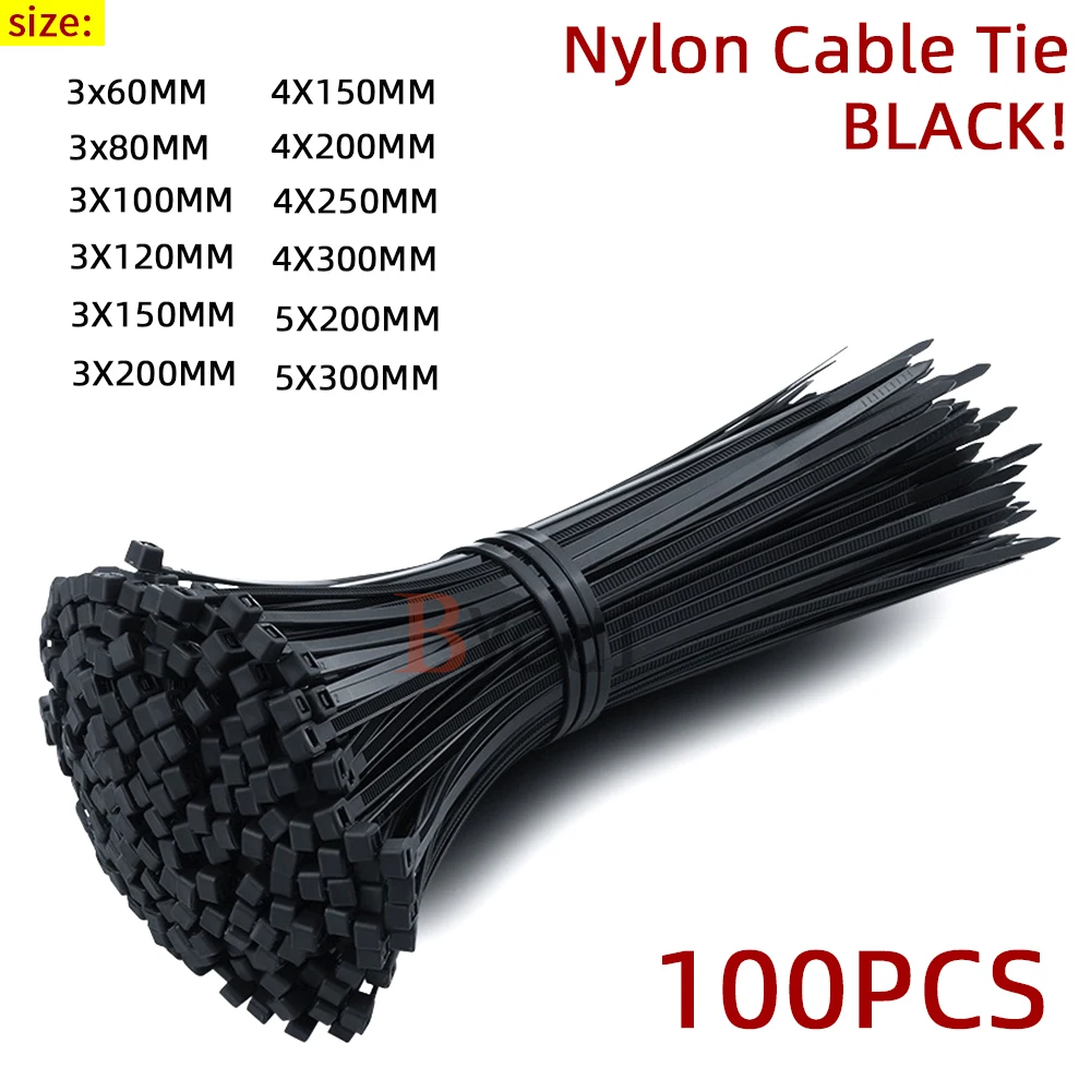 

Самоблокирующиеся пластиковые нейлоновые кабельные стяжки 100 шт., черные 5x300, кабельные стяжки, крепежные кольца 3x200, набор промышленных каб...