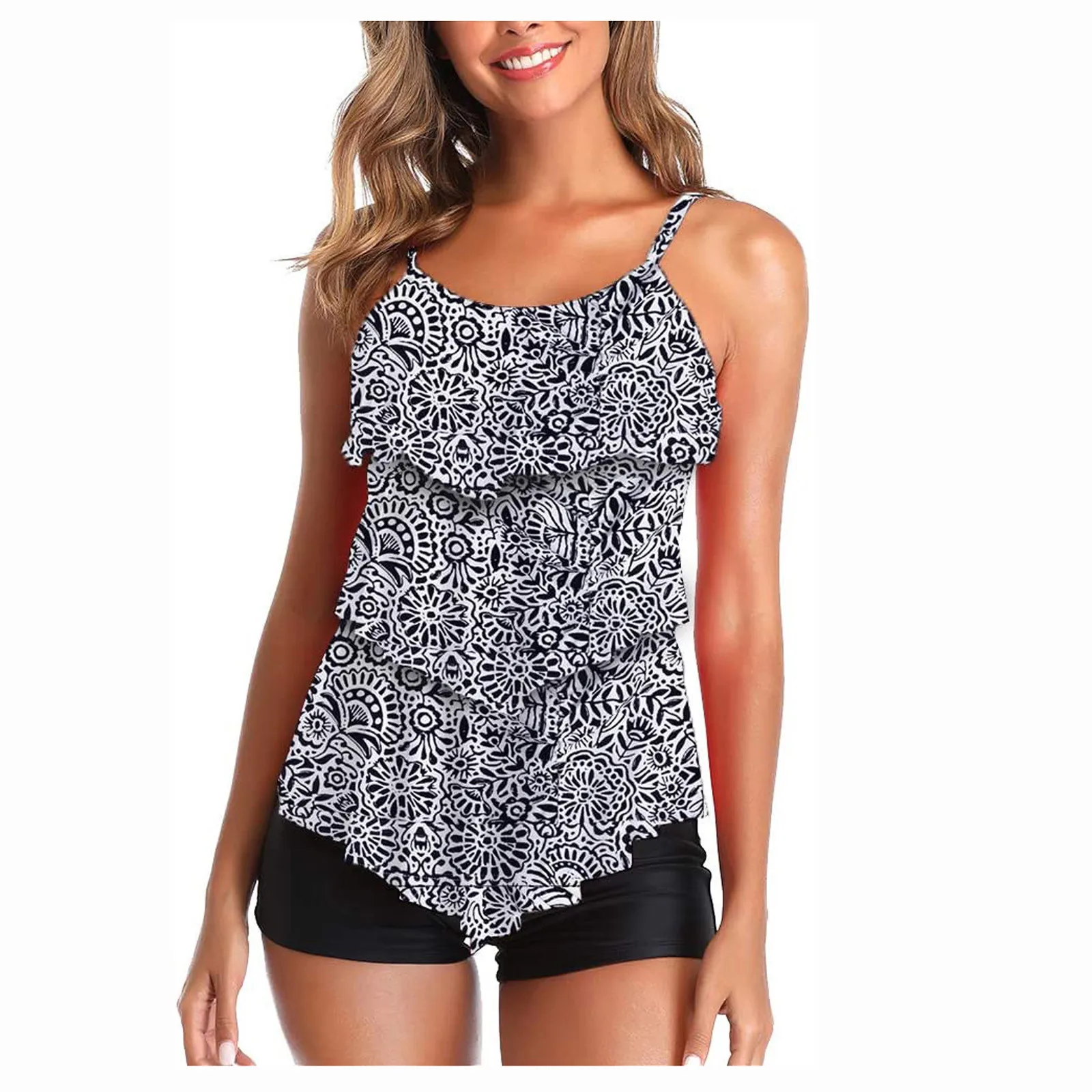 

Print Strappy Back Tankini Set 2021 Women Sleeveless Swimsuit Swimdress With Boyshorts Two Piece Panty Bathing Suit Biquini A30