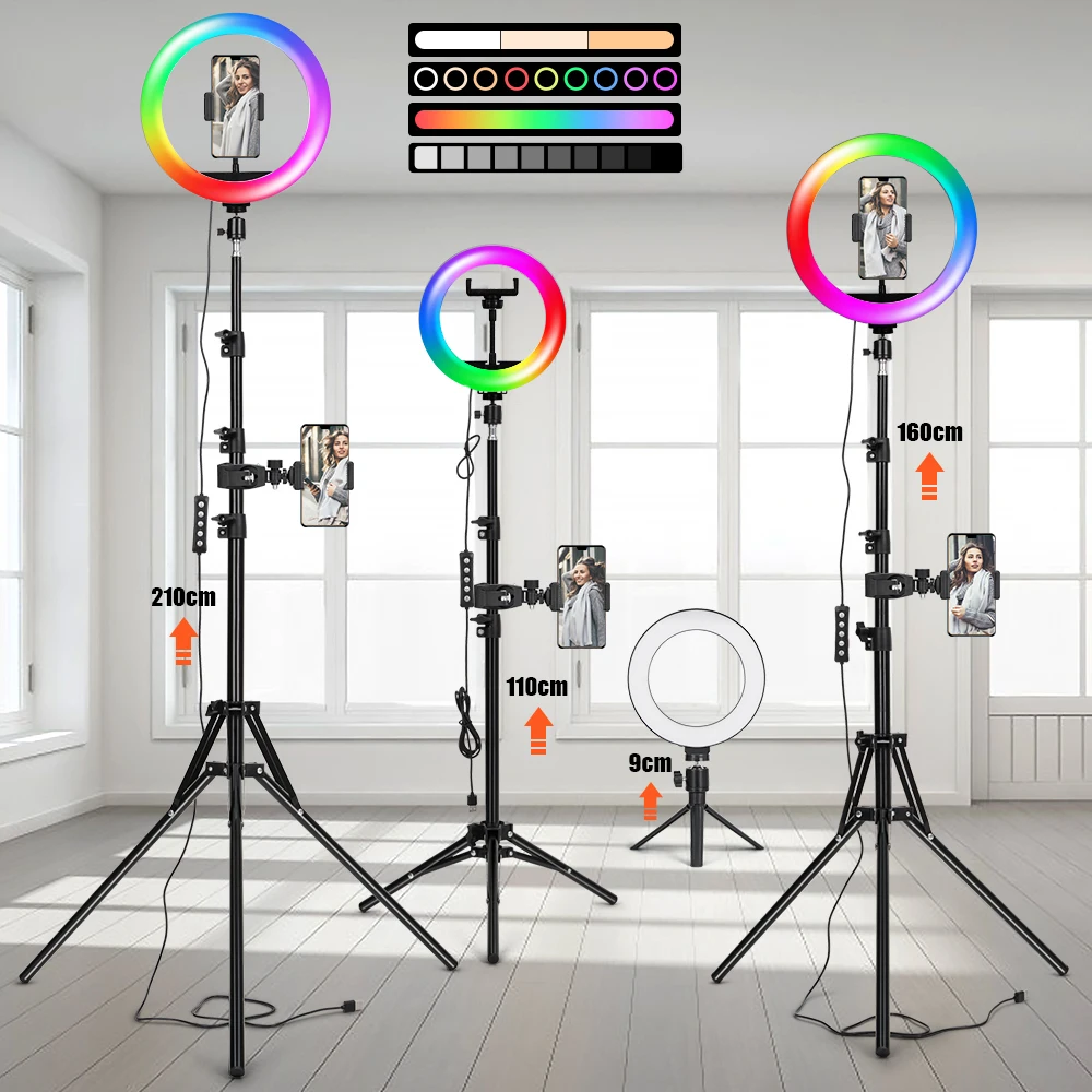 

RGB Ring Light With Tripod Phone Clip Selfie Colorful Photography Lighting For Vlogging YouTube Short Video Photo Studio Live