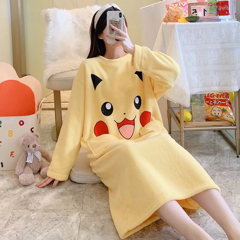 

Coral Velvet Nightgown Cute Kawaii Japanese Home Dress Anime Pikachu Doraemon Chi-bi Maruko Print Sleeping-Dress Pyjama Girls