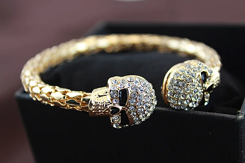 Панк Череп Кристалл Открытый браслет для мужчин f Отик двойной череп головы