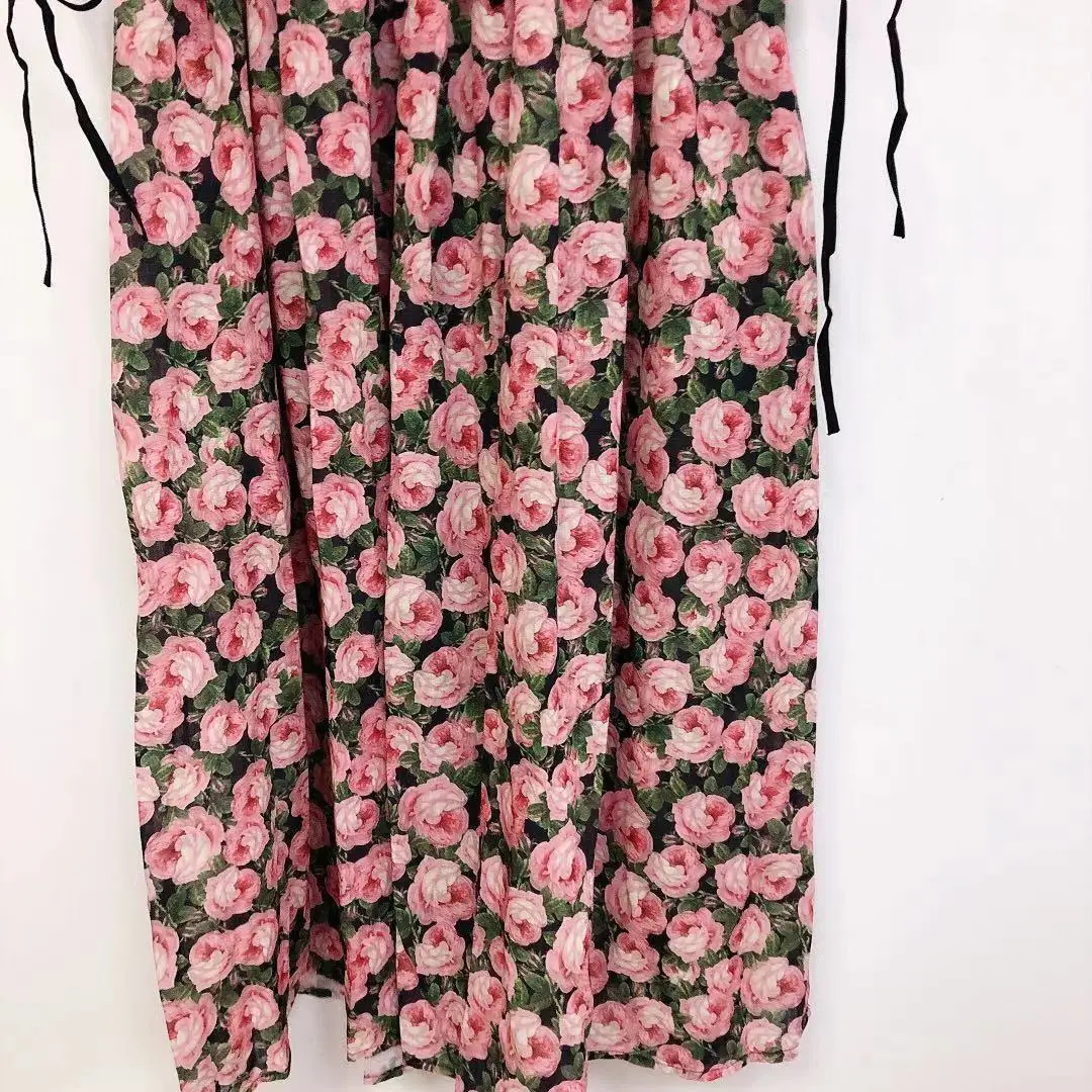 

2021 Spring and Summer New Fashion Round Neck Puff Sleeve Tie Design Flower Print Loose All-match Dress