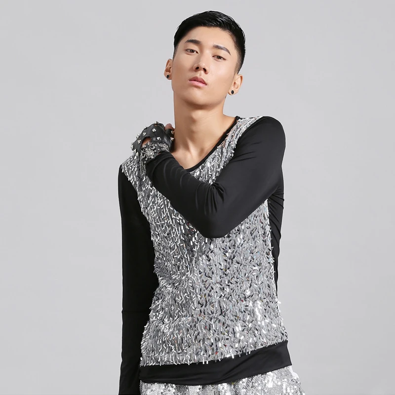 Мужской костюм для ночного клуба серебристый Топ с блестками длинным рукавом