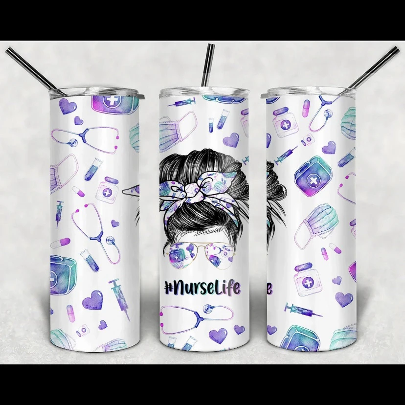 

Nurse life messy bun fair 20 oz skinny tumbler