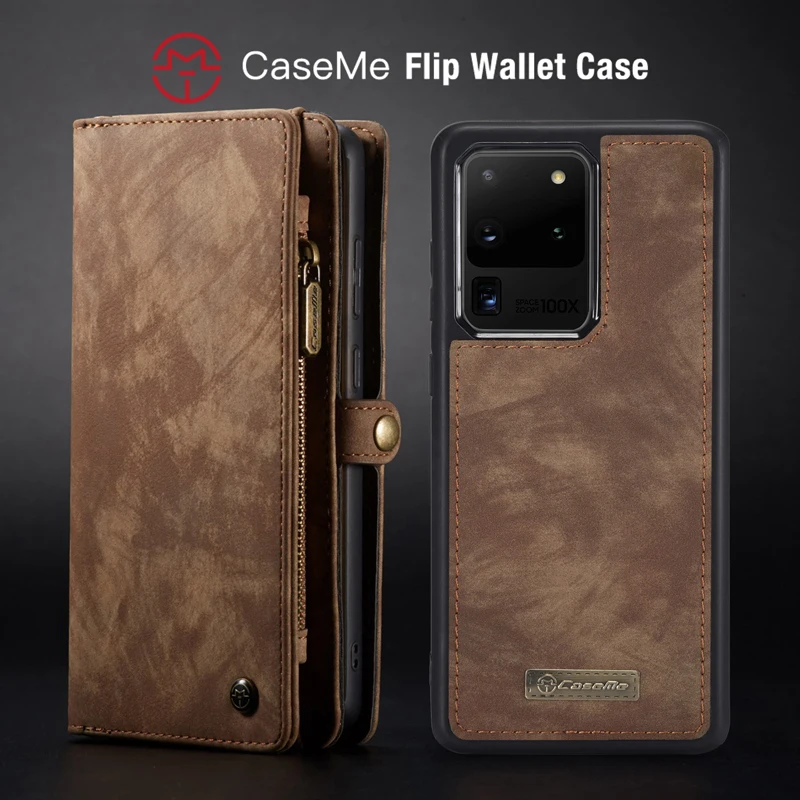 

CaseMe Wallet Case for Samsung Galaxy S20 Plus S20 FE Case Luxury Genuine Leather Multi-functional Zipper Stand 2 In 1 Flip