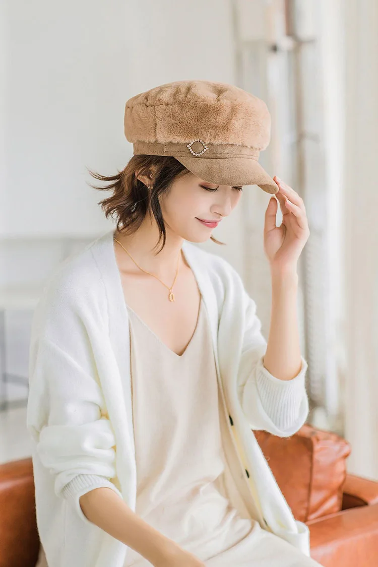 MAERSHEI/ Модные женские береты gorras, женская шапка в стиле милитари с кроличьим мехом, утолщенная теплая плоская кепка, восьмиугольные шапочки Newsboy