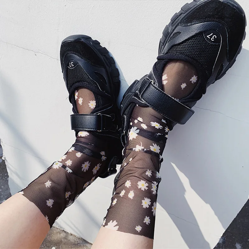 Новинка носки с маргаритками и тюлем женские модные тонкие сетчатые длинные