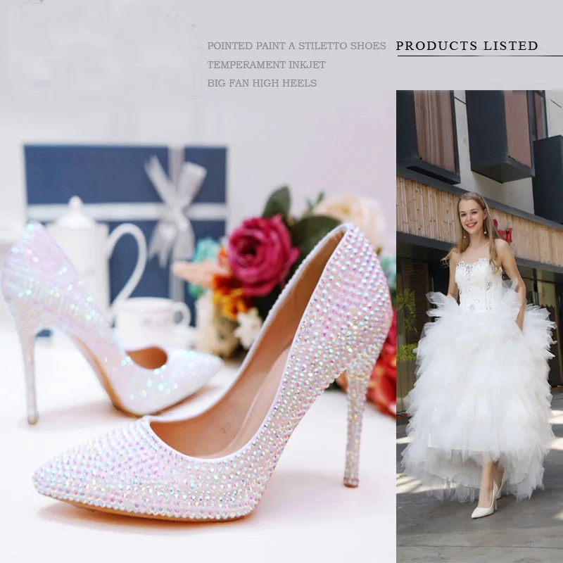 

Pointed Toe Rhinestone Wedding Dress Shoes High Heel Cinderella Party Prom Pumps Glitter White AB Crystal Bride Shoes