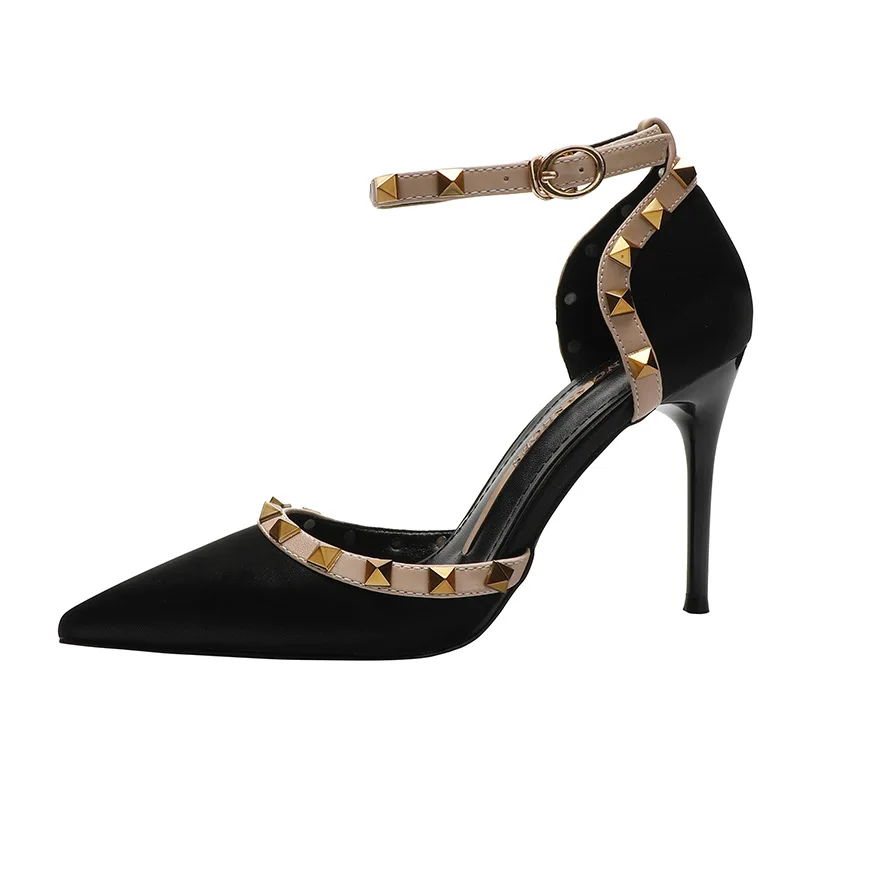 

High Heels 2021 New Sexy Pointed Toe Shallow Mouth Rivet Sexy Sandals Stiletto Thin Women's Shoes