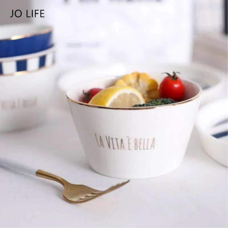 JO LIFE керамическая салатная миска Позолоченные блюда Nodic темно-синие полосы