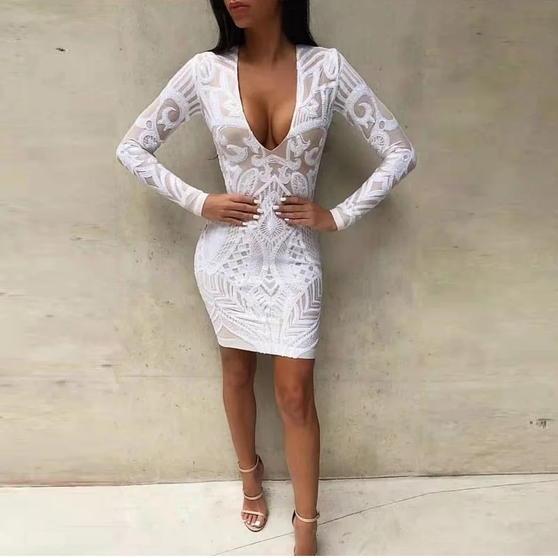 2019 новый дизайн белые модные расшитые блестками женские платья с длинным рукавом