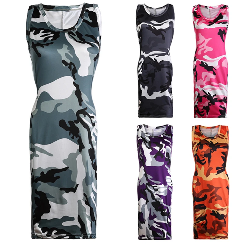 

New Ladies Dress Women Fashion Camouflage Printed Dress Ladies Sexy Sleeveless Dress Female Slim Dress For Women