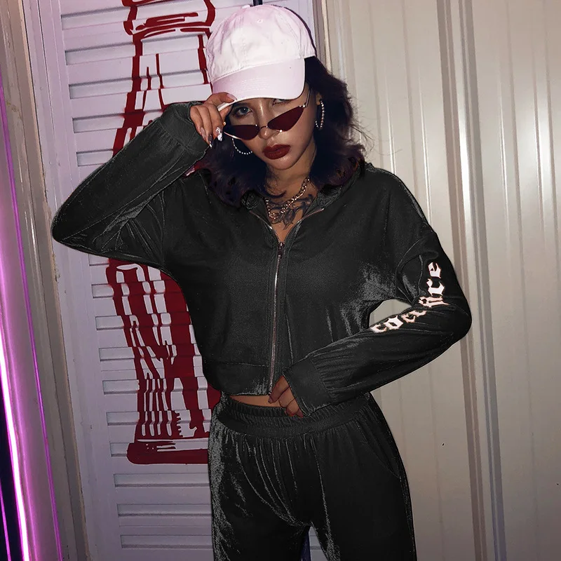 

2 Pcs Women Fluorescent Outfits Long Sleeve Letter Hoodie Sport Pants with Side Pockets Casual Tracksuit Women's Zipper Hoody