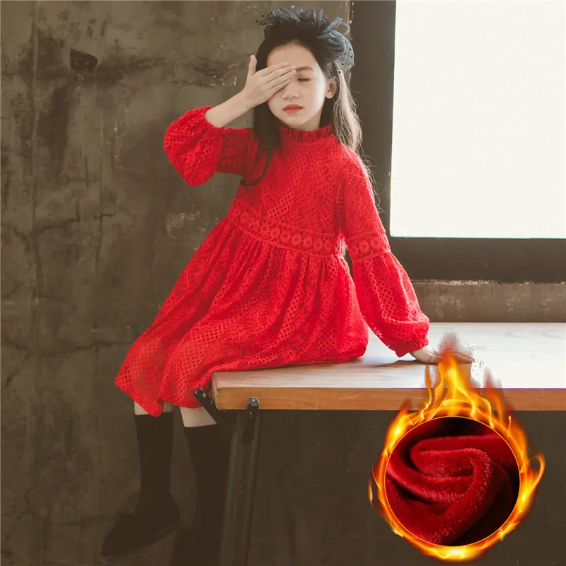 Зимнее теплое флисовое красное платье с длинными рукавами для девочек Вечерние