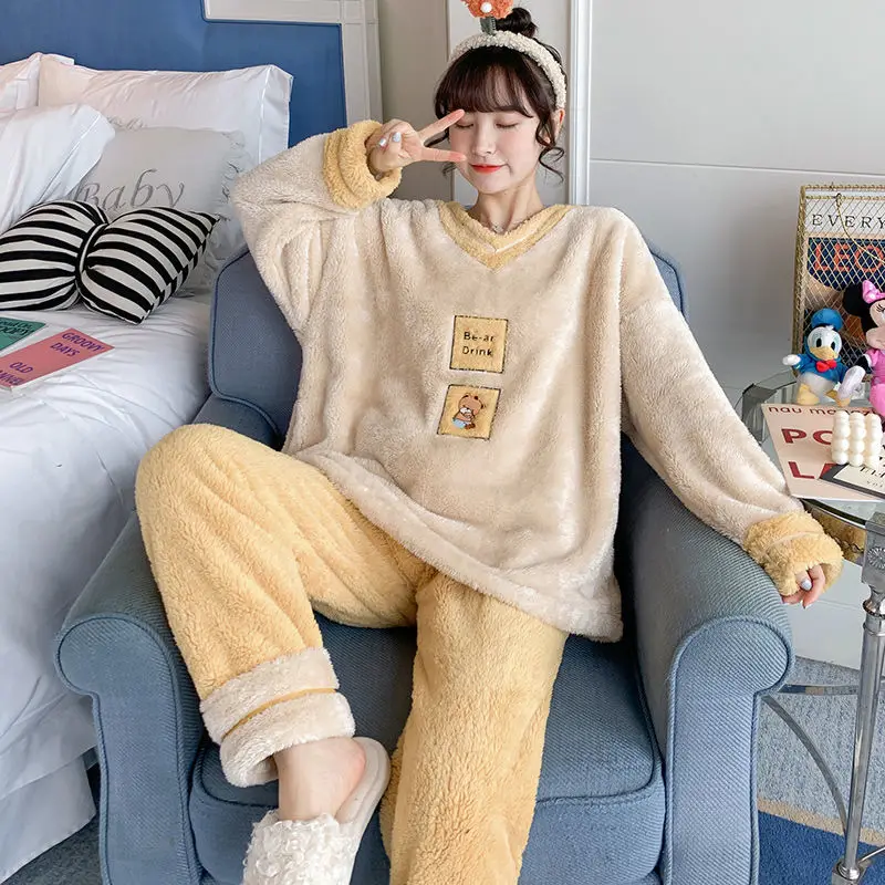 Coral Velvet Pajamas Women's Autumn and Winter Thickened Plush Bean Yellow Flannel New Home Clothes Set   Pajamas for Women