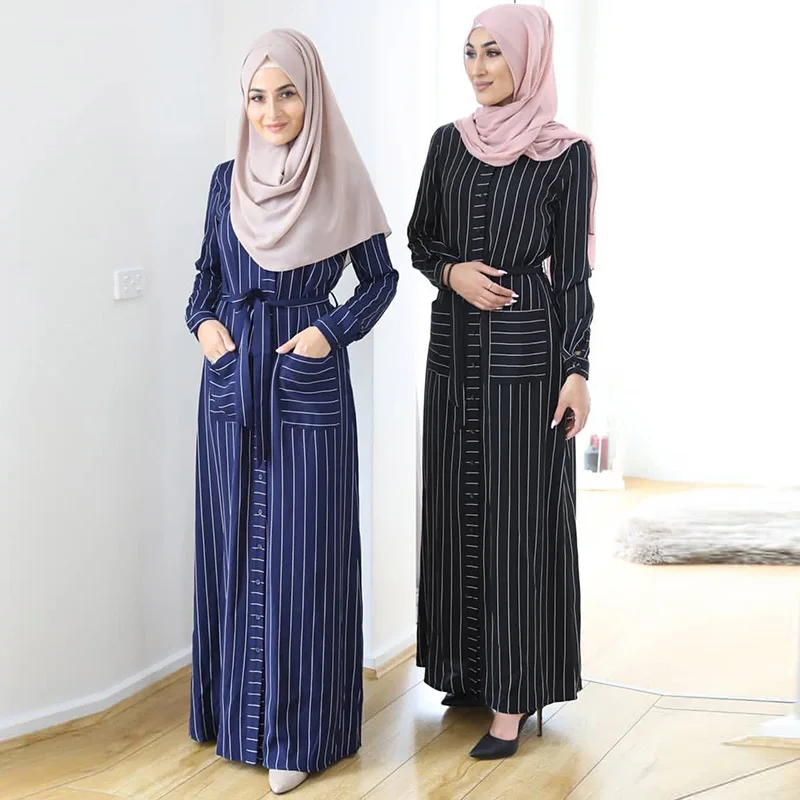 

Ramadan Arab Dubai Striped Shirt Pocket Women Dress Muslim Thin Button Summer Dress Long Dress Islamic Women National Costume