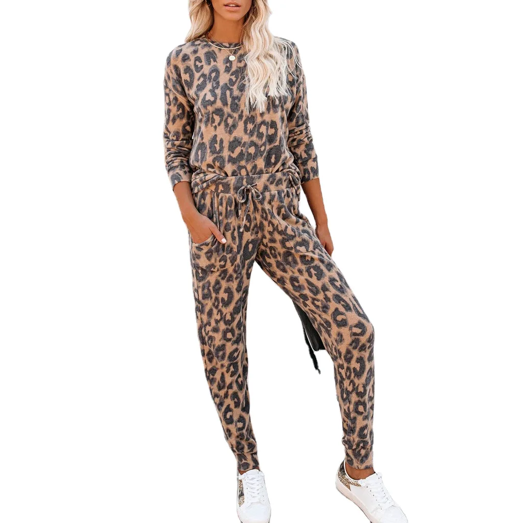 

Fashion Leopard Women Sweatshirt Set 2020 Hooded Two Piece Set Tie-Dye Drawstring Long Pants 2 Piece Set Women Tracksuit Outfit