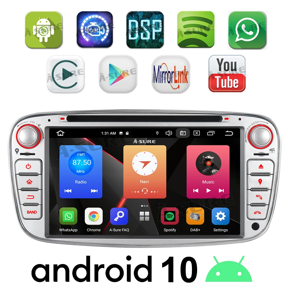 Автомобильный радиоприемник A Sure 2 Din Android 10 GPS DVD плеер навигация для Focus S MAX GalaxyFiesta