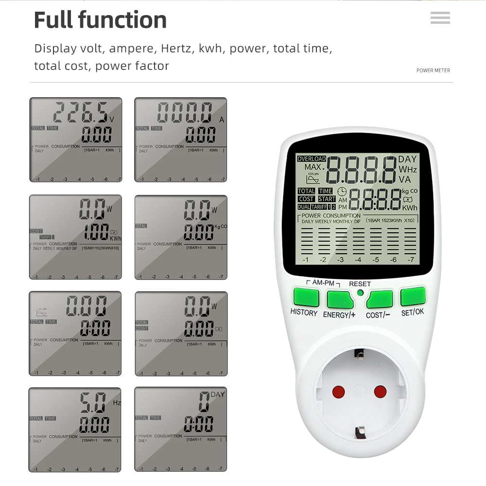 EU Plug Power Meter Digital Wattmeter Socket AC 220V Energy LCD Disply Electricity Cost Diagram Measuring Analyzer | Инструменты