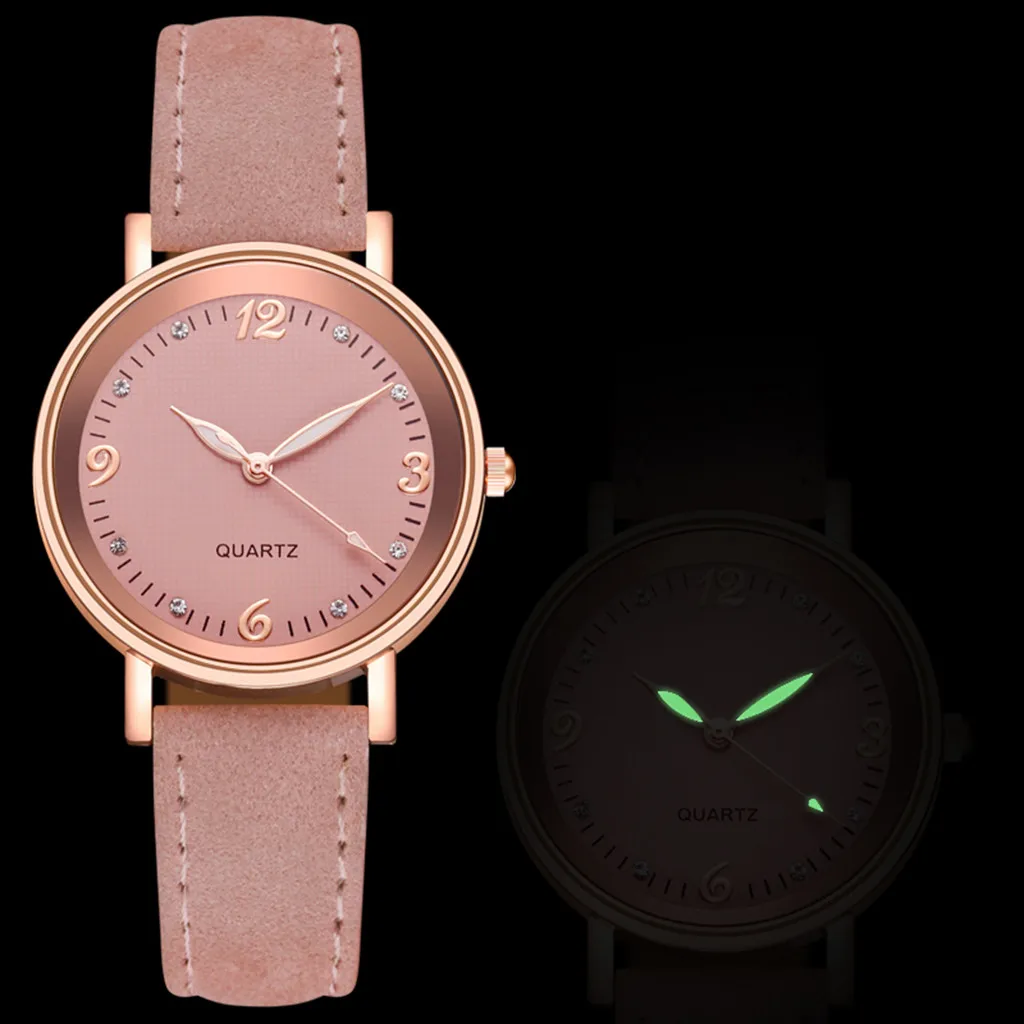 

Pink Women Luxury Watches For Casual Luminous Leather Band Quartz Watch Luxury Clocks Rhinestone Crystal Relogio Feminino