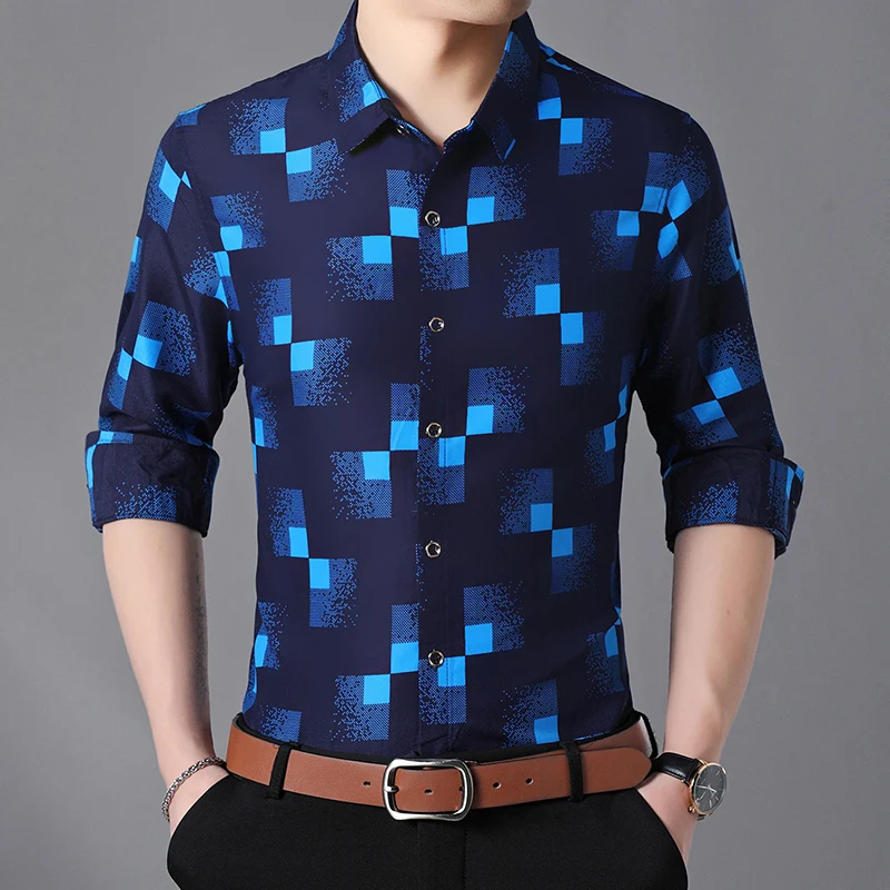

Мужская приталенная рубашка размера плюс 6XL 7XL с цветочным принтом и длинным рукавом, осенние модные вечерние рубашки для отдыха, camisa masculina