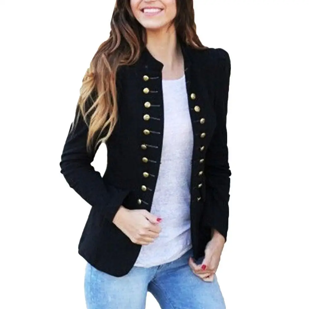 

Office Lady Autumn Solid Color Double-breasted Stand Collar Slim Blazer Coat