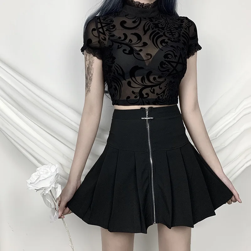 Футболка женская сетчатая прозрачная с кружевом в готическом стиле | Женская