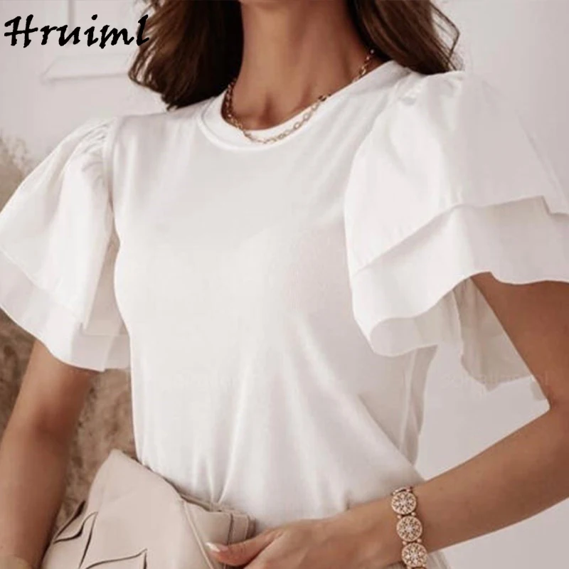 

Блузка женская с оборками на рукавах, однотонная Облегающая рубашка с круглым вырезом, Модная элегантная повседневная шикарная офисная оде...