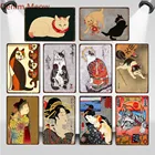 Японский самурайский Кот, металлическая жестяная вывеска, японская леди, Металлический Настенный декор, постер с животными, потертый шик, кошка ниндзя, паб, кафе, домашний декор WY87