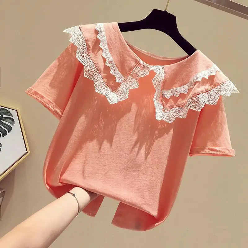 

4-11 Years Toddlers Girl 2021 Summer Solid t Shirt Kid Child Lace Collar Clothes T-shirts Girl Children T shirts For Students